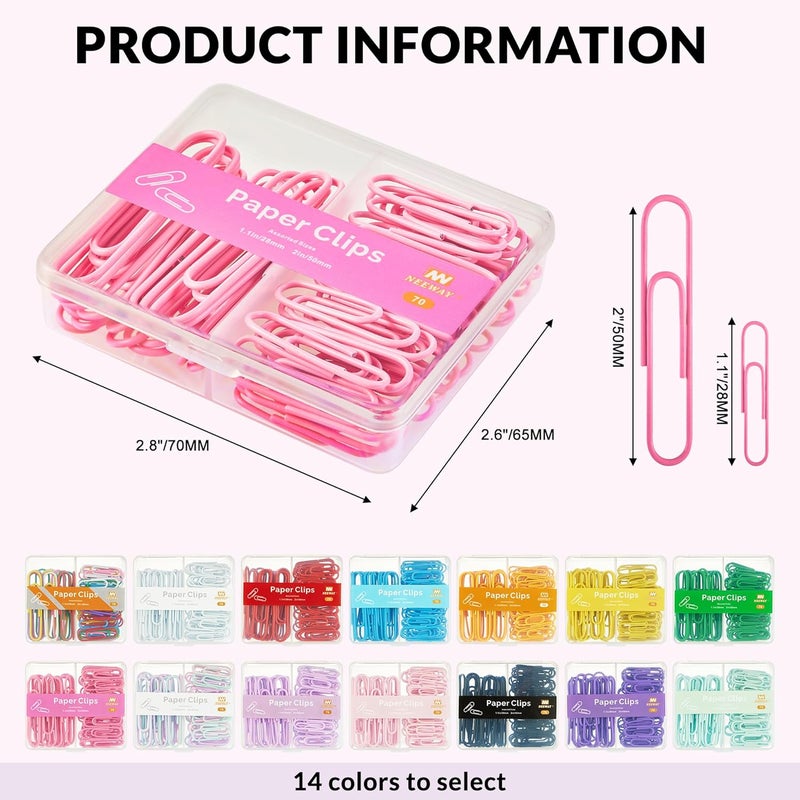 NEEWAY Colorful Paper Clips Assorted Sizes, Small and Large Paperclips, 210 Count, 3 Pack of 70 (Rose Pink) - Image 2